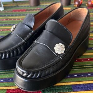 GANNI Retro Platform Jewel Loafers Black Leather Size 39